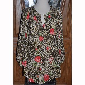 Cathy Woman Leopard Print Long Sleeve Shirred Neckline Sheer Blouse